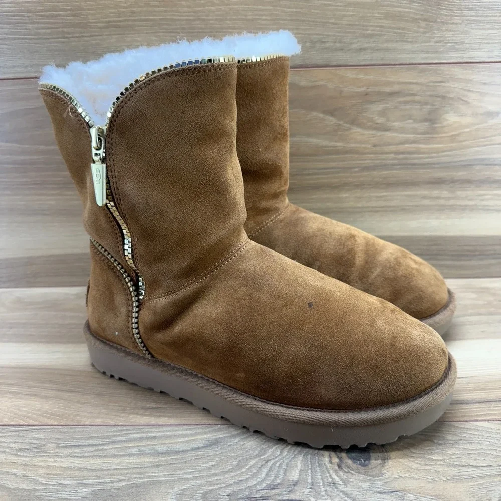 UGG Florence Zip Short Boots Womens 7 Chestnut Suede Shearling Fur Lined